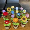 HandKnitted Flowers Potted Crochet Rose Sunflower Tulip Artificial Plants Finished Woven Gift For Home Office Desktop Car Decor 240424