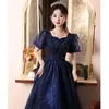 Party Dresses Luxury Sequin Blue Evening Dress For Women Annual Conference Hosting Ball Gown Puff Sleeve Sqare Collar Banquet Princess