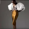 Korte schede prom puff puff mouw jurken kanten appliques plungen v-neck sexy African Aso ebi avondjurken terug gesplitste knie lengte speciale ocn slijtage