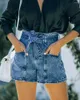 Kvinnors jeans sommar kvinnor denim shorts sexig lady casual mode gata jean med bälte hög midja mörkblå rak kort