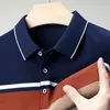 Mens Color Woven Striped Short Sleeved POLO Shirt Cotton Summer Casual Top 240417
