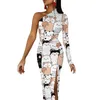 Günlük elbiseler Pet köpek baskı gövde elbise bahar karikatür hayvan kawaii yan bölünmüş uzun bir omuz grafik sokak stili