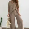 Dames tweedelige broek Vrouwen Pak Outfit Stijlvolle Topset met Wide Leg Trousers V Neck Bat Sleeve losse T-shirt Hoge taille voor casual