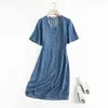 Partykleider Sommer Blue Denim Kleid Frauen Button up v Hals Kurzarm Jeans Vestidos Mujer Cotton Beach