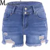 Kvinnors hög midja skarvknapp Tre kvart byxor mode trend trasiga hål streetwear kvinnliga sommar casual denim shorts 240418