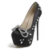Kleiderschuhe schwarz für Frauen 16 cm Stiletto Heels Strass -Bow Ladies Pumpen Plattform runde Zeh große Größe 42 Zapato de Mujer