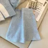 Bow Blue Tweed Cardigan Elegant Crop Top Summer Shirt Beach Outfits for Women Blazers Sets Mini Plaid Skirts Faldas Korean 240417