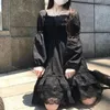 Casual Dresses Loose Gothic Black Princess Dress Autumn Girls Puff Sleeve Esthetic Lace Design Chic Vintage Sweet Square Collar Vestidos