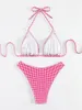 Swimwwear pour femmes Red Plaid String Halter Micro Bikini Thong Mini Femmes 2024 Lacet-Up Sexe Swimsuits Bathing Bathing Chack Triangle Bikinis