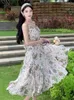 Vintage Korea Fashion Ruffle Edge Slip Slip Dress Summer Slim A Line V Neck Neck Romântico Romantic Floral Print Dress Long Boho Trend 240415