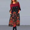 Casual Dresses Soft Dress Ethnic Print A-line Midi With Long Sleeve High Waist For Fall Spring Women's Retro Style Women Round Neck