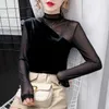 T-shirts pour femmes Patchwork Patchwork Shirting Automn hiver mince manches longues Slim Solid Tops Fashion Elegant Women Clothing