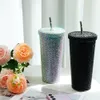 750 ml stralende strass roestvrij staal dubbele laag thermosbekers stro kopje met deksel water fles vrouwen glitter 240425