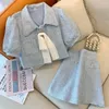 Bow Blue Tweed Cardigan Elegant Crop Top Summer Shirt Beach Outfits for Women Blazers Sets Mini Plaid Skirts Faldas Korean 240417