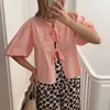 Women's Blouses Xingqing Babydoll Shirts Y2k Clothing Women Casual Solid Color Tie Front Short Sleeve Cardigan 2000s Tops Streetwear