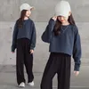 Set di abbigliamento Spring Autumn Girls Cotton Plain Crop Navy Spazzano Black Pant Pant School Kid Tracksuit Outfit 2PCs Set da allenamento