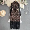 Casual Dresses 2024 Runway Autumn Embroidery Hollow Out Lace Dress Elegant Women's Notched Collar Golden Single Breasted Bodycon Midi