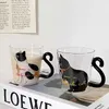Mugs 1-2 Cute 250ml Black Cat Glass Coffee Cup Set with Handle Animal shaped Milk Juice Cup Japanese Style Gift J240428