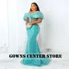 Party Dresses Sparkly Aqua Blue African Evening Plus Size 3D Pleated Off The Shoulder Prom Dress Aso Ebi Style Wedding Reception