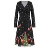 Casual jurken dames a-line kerstprint vintage jurk dames winter lange mouw v nek sexy jaar feest zwart rok