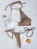 Kvinnors badkläder Pearl Neck Bikini Sexig baddräkt Kvinnor White Khaki Patchwork Bathing Suit Thong 2024 Beach Push Up Micro Bikinis Biquini