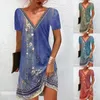 Spring And Summer Womens Ethnic Style Printed Casual V Neck Short Sleeve Dress 1213