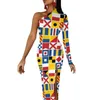 Casual jurken grappige letter print maxi jurk lange mouw nautische signaal vlaggen trendy bodycon party woman ontwerpvestido