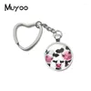 Keychains 2024 Floral Cow Heart Keychain Animal Art Glass Dome Cabochon Jewelry Gift