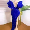 Prom -jurken lovertjeshuls sexy zijde hoge split Royal Blue Glitter formele feest avondjurken kralen ruches mouwen chique speciale ocn jurk