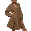 Casual Dresses Beautiful Women Dress Stand Collar Above Knee Mini Ruffle Pleated Hem Shirt Short