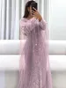 Feestjurken Lilac Sparkly Lades Beading Dubai Sheath Prom Long Sleeve 3D Flowers Tiered Formal Tjurns