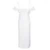 Casual jurken decollete vrouw sling riemen gebroeide backless middenkalf lengte gegolfde sexy witte jurk