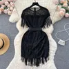 Casual Dresses Foamlina Women Elegant Black Tassels Mini Bodycon Dress Summer O Neck Transparent Mesh Patchwork Belt Slim Party Club