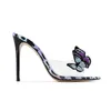 PVC Cuero 2024 Ladies Mujeres Tacones altos Sandalias zapatos de vestir Pombas Partes de verano Casco de verano puntiagudo Bedería 3D Butterfly Transparente Siz