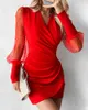 Robes décontractées Femmes transparentes en maille bched Party Mini Robe de Noël rouge