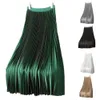 Women Vintage Midi Skirt Wide Elastic Waistband High Waist Pleated ALine Solid Color Smooth Satin Long 240420