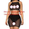 Bras stelt vrouwen uit Hollow Out Mesh 2pcs Set Shiny voor Rhinestone Halter Top Sexy Sheer Mini S