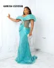 Платья для вечеринок Sparkly Aqua Blue African Вечер плюс размером 3D с плиссированным с плечевого выпускного платья Aso ebi Свадебный прием в стиле