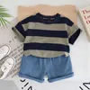 0-5 year old baby boy clothes set summer solid color striped casual childrens short sleeves fashionable handsome shorts two-p 240426