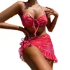 Women's Swimwear Swimsuit 3 Piece Set Halter Tie Dye Bikini With Sun Protective Sheer Cover Up Mesh Skirt