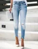 Damesjeans 2024 Spring dichtgeknoopt Pocket Design gescheurd Cutri Capri onregelmatige hoge taille Skinny Daily Daily Denim Pencil Pants Y2K