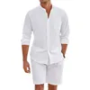 Täglich lässige atmungsaktive Baumwollwäsche -Outfits Herren Vintage Stand Collar Buttonup -Hemden und Shorts Sets für Männer Kleidung Sommer 240415