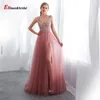 Abiti da festa eleganti perle blush abito da ballo a fessura laterale fatta a mano per donne 2024 a V al collo lungo a V Aline Tulle Plus size Abito da sposa da sera