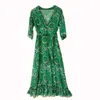 Fashion Floral Ruffles Chifon Long Dresse Spring Bohemian Print Vneck Green Dress Femal Half Sleeve Maxi 240419