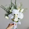 Artificial Wedding Flower Silk Rose Green Eucalyptus Leaves Bridal Bouquet Fake Flower for Wedding Table Party Bridesmaid 240425