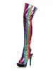 Boots Sexy Fetish Rainbow Open Toe Strips Nightclub Pole Dance Exotic Talons minces 5 pouces plate-forme Femmes 8 pouces sur le genou