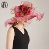 FS Organza Carnival Cap Lady Wide Brim Hats For Women With Mesh Feather Flowers Wedding Bride Church Fedora 240412