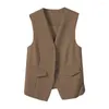 Women's Vests Work Casual Suit Vest Elegant Single-breasted V Neck Waistcoat With Decorative Pockets Formal Business Style For Office