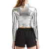 Women's Blouses Women Club Top Solid Color Half-high Collar Glossy Surface Waist-exposed Pullover Lady Pole Dance Performance Party Crop