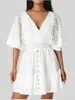 White Lace Tunic Beach Cover-Ups Dress for Women Half Sleeve Bodycon Elegant Ladies Clothing Ropa Mujer 240424